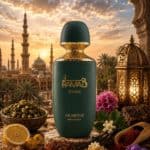 Ramad Oriental Arabiyat Prestige perfume bottle with Middle Eastern backdrop.