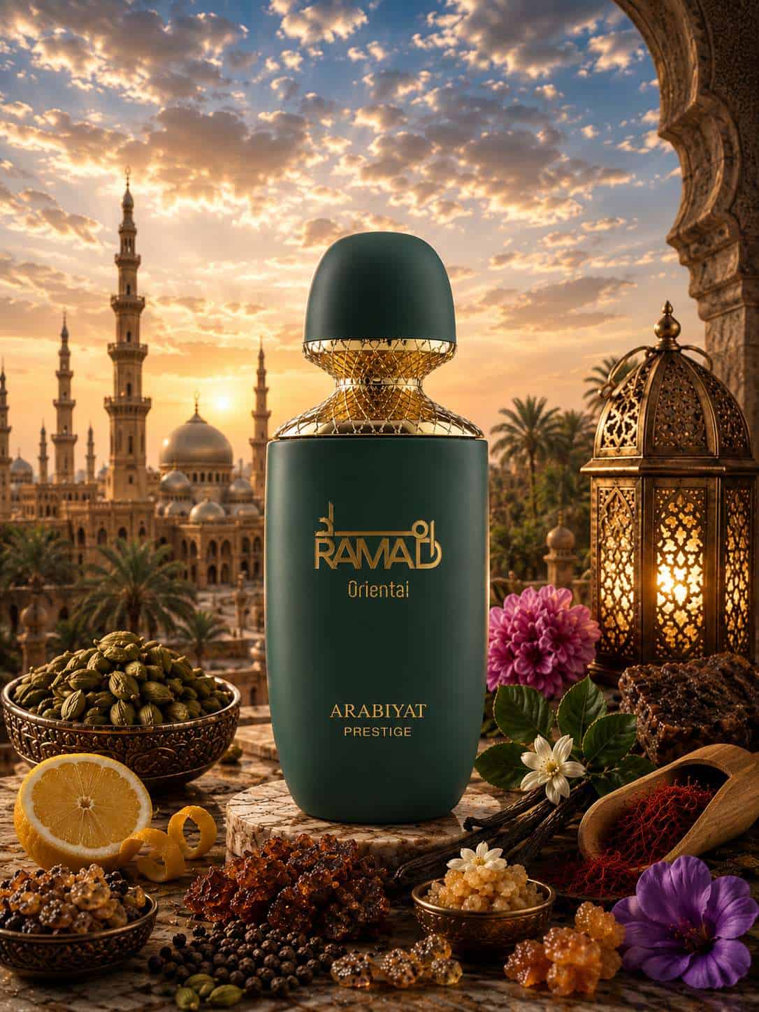 Ramad Oriental Arabiyat Prestige perfume bottle with Middle Eastern backdrop.