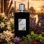 AERER AL ARAB BLACK perfume bottle with Middle Eastern backdrop at sunset.