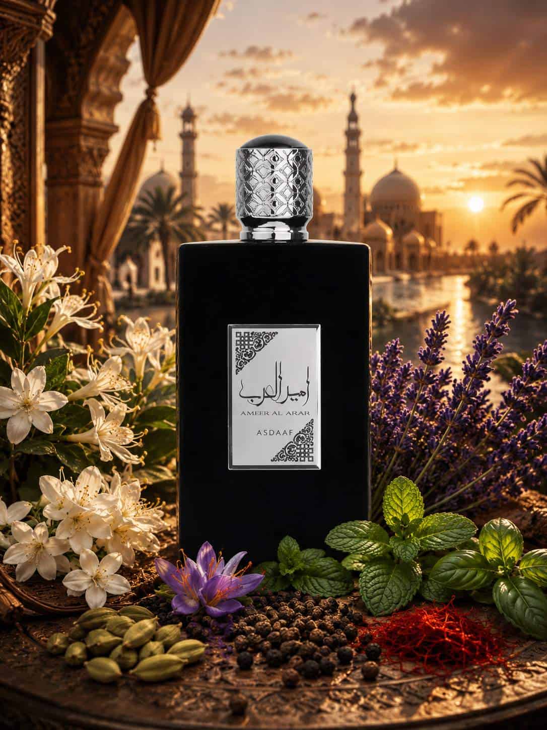 AERER AL ARAB BLACK perfume bottle with Middle Eastern backdrop at sunset.