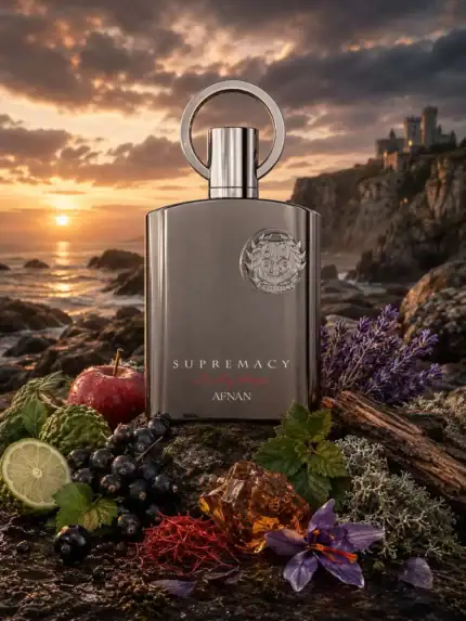 Fragrance bottle surrounded by nature.